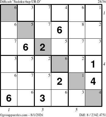 The grouppuzzles.com Difficult Sudoku-6up-UR-D puzzle for Saturday August 1, 2026, suitable for printing, with all 8 steps marked