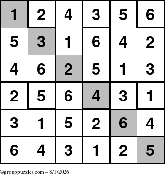 The grouppuzzles.com Answer grid for the Sudoku-6up-UR-D puzzle for Saturday August 1, 2026
