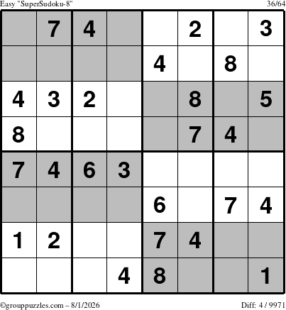 The grouppuzzles.com Easy SuperSudoku-8 puzzle for Saturday August 1, 2026