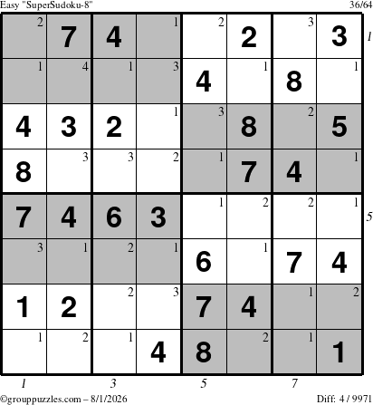 The grouppuzzles.com Easy SuperSudoku-8 puzzle for Saturday August 1, 2026, suitable for printing, with all 4 steps marked