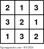 The grouppuzzles.com Answer grid for the TicTac-123 puzzle for Saturday August 1, 2026