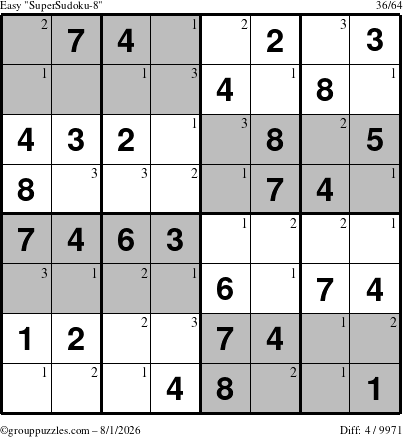 The grouppuzzles.com Easy SuperSudoku-8 puzzle for Saturday August 1, 2026 with the first 3 steps marked