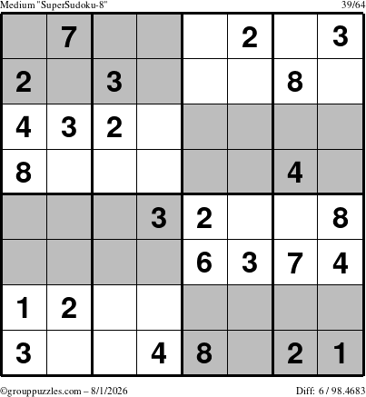 The grouppuzzles.com Medium SuperSudoku-8 puzzle for Saturday August 1, 2026