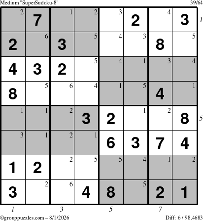 The grouppuzzles.com Medium SuperSudoku-8 puzzle for Saturday August 1, 2026 with all 6 steps marked