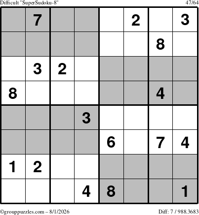 The grouppuzzles.com Difficult SuperSudoku-8 puzzle for Saturday August 1, 2026