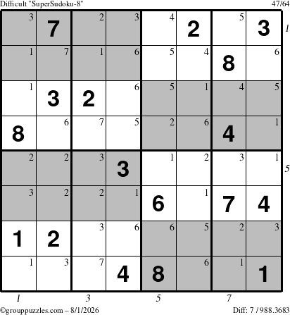 The grouppuzzles.com Difficult SuperSudoku-8 puzzle for Saturday August 1, 2026, suitable for printing, with all 7 steps marked