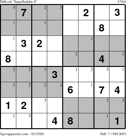 The grouppuzzles.com Difficult SuperSudoku-8 puzzle for Saturday August 1, 2026 with the first 3 steps marked