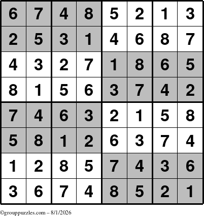 The grouppuzzles.com Answer grid for the SuperSudoku-8 puzzle for Saturday August 1, 2026