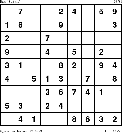 The grouppuzzles.com Easy Sudoku puzzle for Saturday August 1, 2026