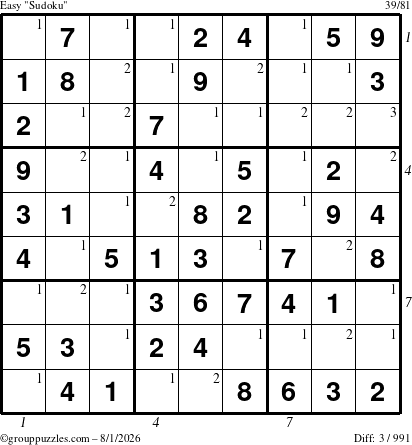 The grouppuzzles.com Easy Sudoku puzzle for Saturday August 1, 2026 with all 3 steps marked