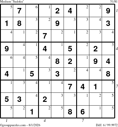 The grouppuzzles.com Medium Sudoku puzzle for Saturday August 1, 2026, suitable for printing, with all 6 steps marked