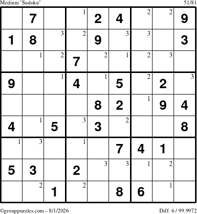 The grouppuzzles.com Medium Sudoku puzzle for Saturday August 1, 2026 with the first 3 steps marked