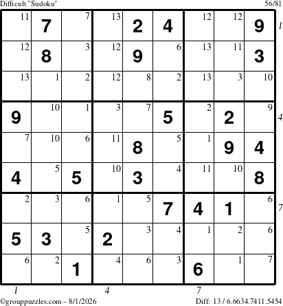 The grouppuzzles.com Difficult Sudoku puzzle for Saturday August 1, 2026 with all 13 steps marked
