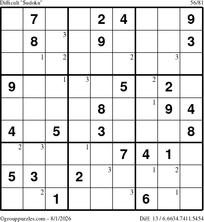 The grouppuzzles.com Difficult Sudoku puzzle for Saturday August 1, 2026 with the first 3 steps marked
