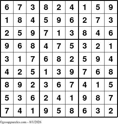 The grouppuzzles.com Answer grid for the Sudoku puzzle for Saturday August 1, 2026