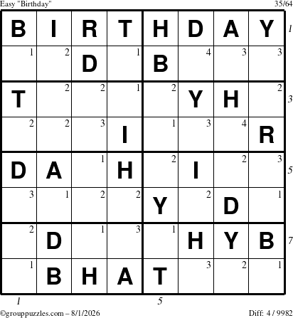 The grouppuzzles.com Easy Birthday puzzle for Saturday August 1, 2026 with all 4 steps marked