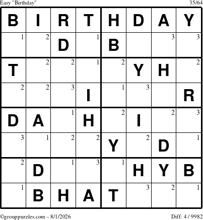 The grouppuzzles.com Easy Birthday puzzle for Saturday August 1, 2026 with the first 3 steps marked