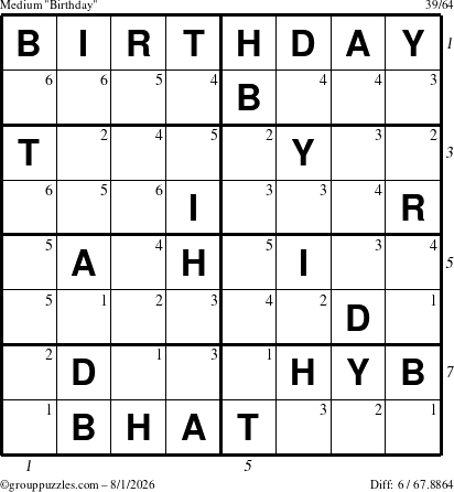 The grouppuzzles.com Medium Birthday puzzle for Saturday August 1, 2026 with all 6 steps marked