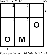 The grouppuzzles.com Easy TicTac-MNO puzzle for Saturday August 1, 2026, suitable for printing, with all 2 steps marked