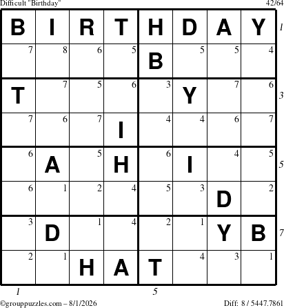 The grouppuzzles.com Difficult Birthday puzzle for Saturday August 1, 2026 with all 8 steps marked