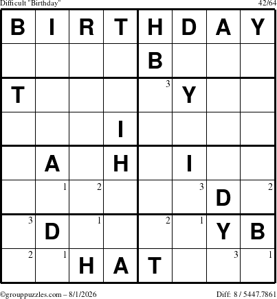 The grouppuzzles.com Difficult Birthday puzzle for Saturday August 1, 2026 with the first 3 steps marked