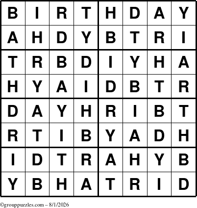 The grouppuzzles.com Answer grid for the Birthday puzzle for Saturday August 1, 2026