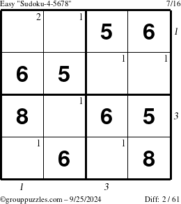 The grouppuzzles.com Easy Sudoku-4-5678 puzzle for Wednesday September 25, 2024 with all 2 steps marked