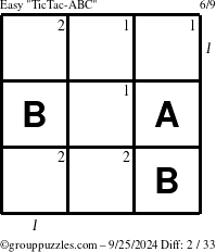 The grouppuzzles.com Easy TicTac-ABC puzzle for Wednesday September 25, 2024, suitable for printing, with all 2 steps marked