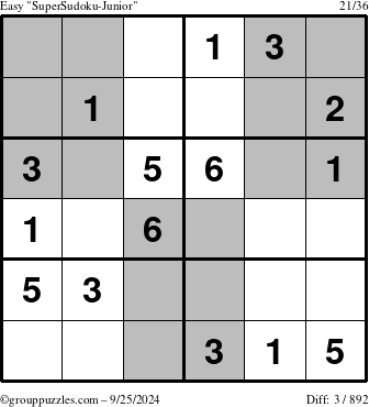 The grouppuzzles.com Easy SuperSudoku-Junior puzzle for Wednesday September 25, 2024