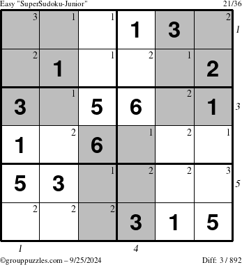 The grouppuzzles.com Easy SuperSudoku-Junior puzzle for Wednesday September 25, 2024 with all 3 steps marked