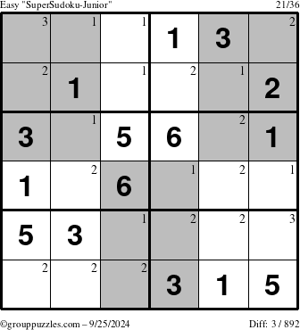 The grouppuzzles.com Easy SuperSudoku-Junior puzzle for Wednesday September 25, 2024 with the first 3 steps marked