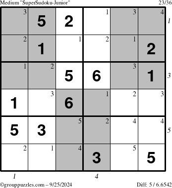 The grouppuzzles.com Medium SuperSudoku-Junior puzzle for Wednesday September 25, 2024 with all 5 steps marked