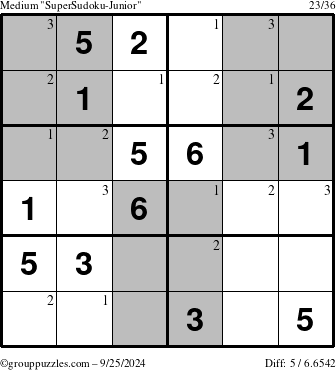 The grouppuzzles.com Medium SuperSudoku-Junior puzzle for Wednesday September 25, 2024 with the first 3 steps marked