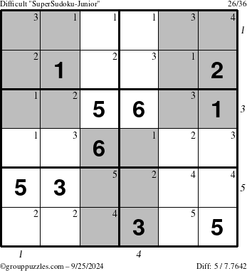 The grouppuzzles.com Difficult SuperSudoku-Junior puzzle for Wednesday September 25, 2024 with all 5 steps marked