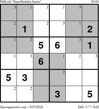 The grouppuzzles.com Difficult SuperSudoku-Junior puzzle for Wednesday September 25, 2024 with the first 3 steps marked