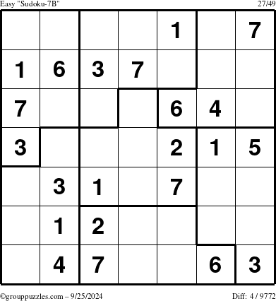 The grouppuzzles.com Easy Sudoku-7B puzzle for Wednesday September 25, 2024