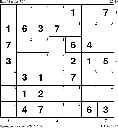 The grouppuzzles.com Easy Sudoku-7B puzzle for Wednesday September 25, 2024 with all 4 steps marked