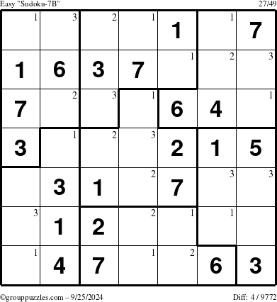 The grouppuzzles.com Easy Sudoku-7B puzzle for Wednesday September 25, 2024 with the first 3 steps marked