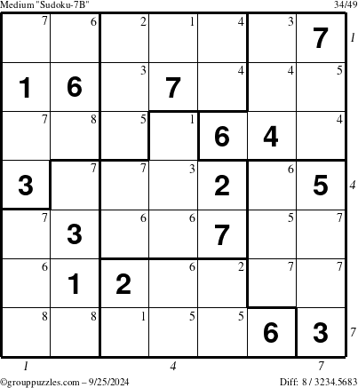 The grouppuzzles.com Medium Sudoku-7B puzzle for Wednesday September 25, 2024, suitable for printing, with all 8 steps marked