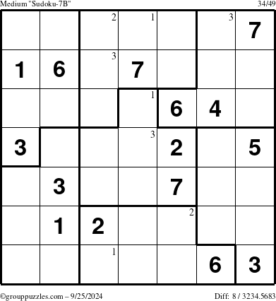 The grouppuzzles.com Medium Sudoku-7B puzzle for Wednesday September 25, 2024 with the first 3 steps marked