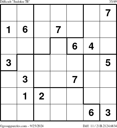 The grouppuzzles.com Difficult Sudoku-7B puzzle for Wednesday September 25, 2024