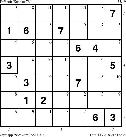 The grouppuzzles.com Difficult Sudoku-7B puzzle for Wednesday September 25, 2024 with all 11 steps marked