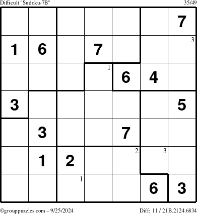 The grouppuzzles.com Difficult Sudoku-7B puzzle for Wednesday September 25, 2024 with the first 3 steps marked