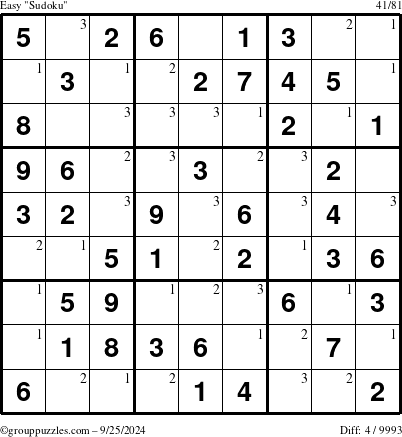 The grouppuzzles.com Easy Sudoku puzzle for Wednesday September 25, 2024 with the first 3 steps marked