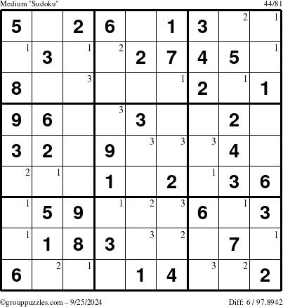 The grouppuzzles.com Medium Sudoku puzzle for Wednesday September 25, 2024 with the first 3 steps marked