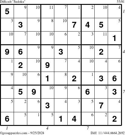 The grouppuzzles.com Difficult Sudoku puzzle for Wednesday September 25, 2024 with all 11 steps marked