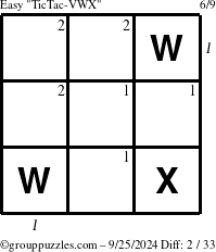 The grouppuzzles.com Easy TicTac-VWX puzzle for Wednesday September 25, 2024 with all 2 steps marked