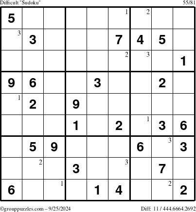 The grouppuzzles.com Difficult Sudoku puzzle for Wednesday September 25, 2024 with the first 3 steps marked