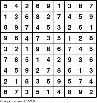 The grouppuzzles.com Answer grid for the Sudoku puzzle for Wednesday September 25, 2024