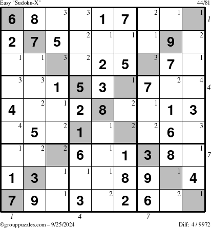 The grouppuzzles.com Easy Sudoku-X puzzle for Wednesday September 25, 2024 with all 4 steps marked